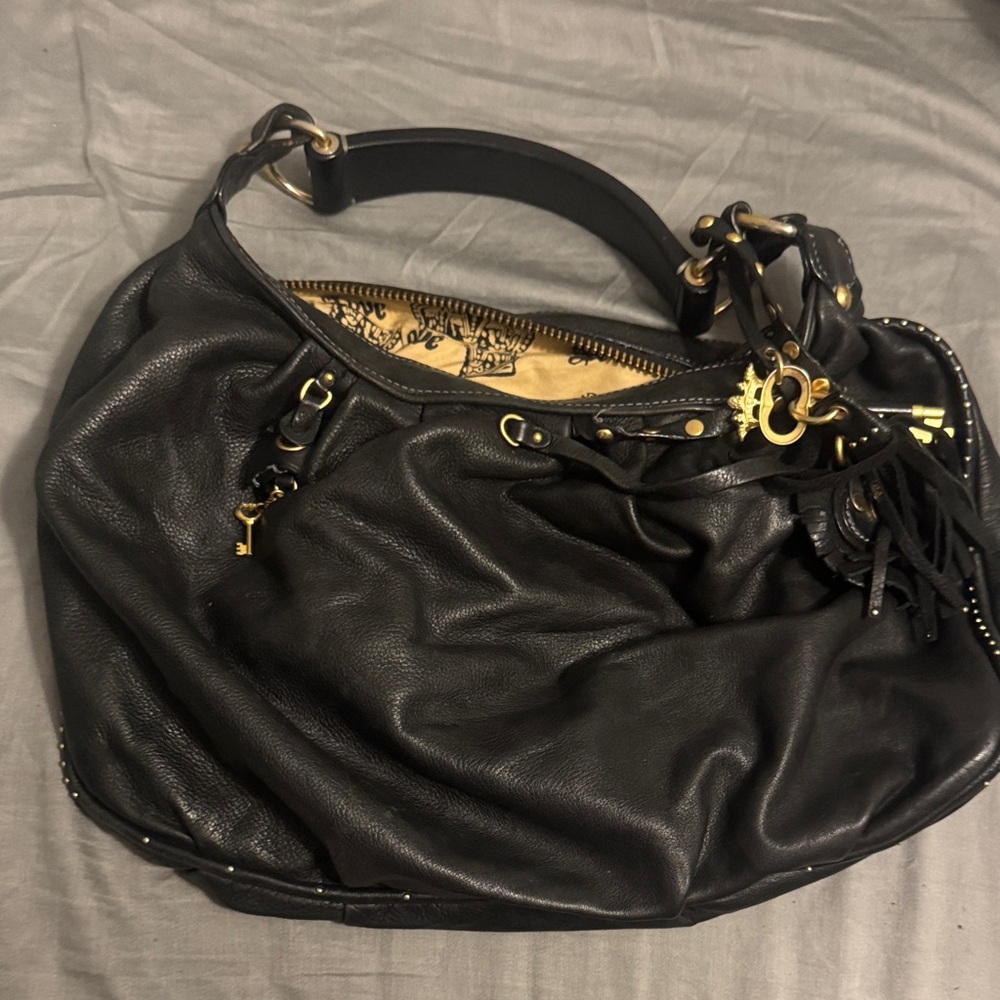 Juicy Couture Black Leather Hobo Bag with Gold Accents classic early 2000s